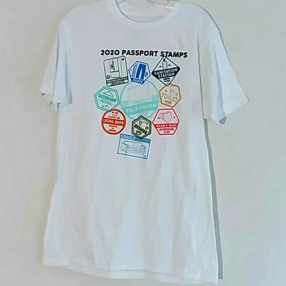 Pandemic House Passport Stamp tshirt M cotton Hybrid Apparel